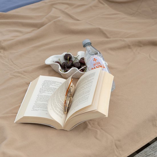 Bruine doek met een open boek, een bril, schaaltje kersen en waterfles.
