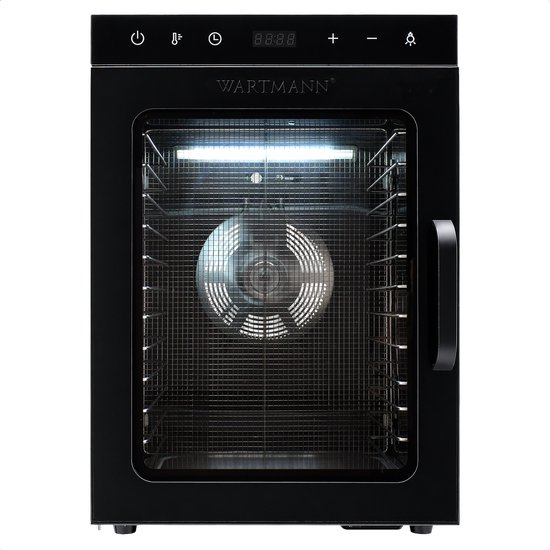 Vooraanzicht van een zwarte Wartmann voedseldroger met open deur. De binnenkant toont een ventilator en 12 zilverkleurige roosters.