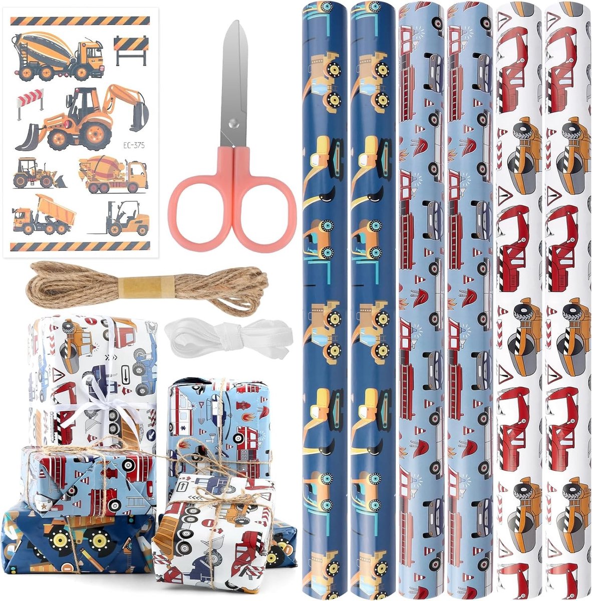 Verjaardagscadeau inpakpapier set - 6 vellen 50 x 70 cm met politieauto, brandweerwagen en tractor - inclusief touw, rolband, schaar en stickers voor jongens
