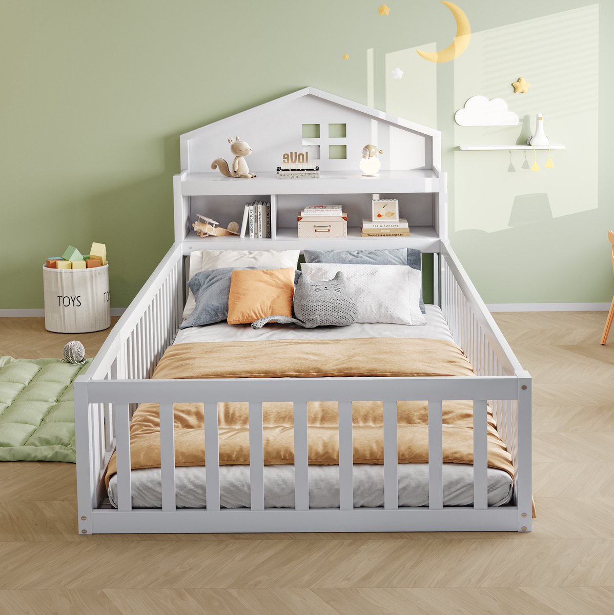 MEUNIQ Kinderbed 90 x 200 cm met huisvormig frame, hoofdbord met opbergvakken, beschermhekken, deur en lattenbodem voor kinderkamer, wit