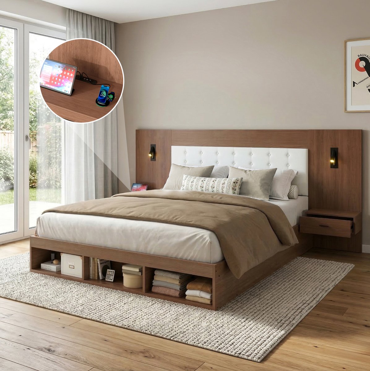 MEUNIQ tweepersoons opbergbed 180x200 cm met 2 nachtkastjes, USB en Type-C, draaibare lees