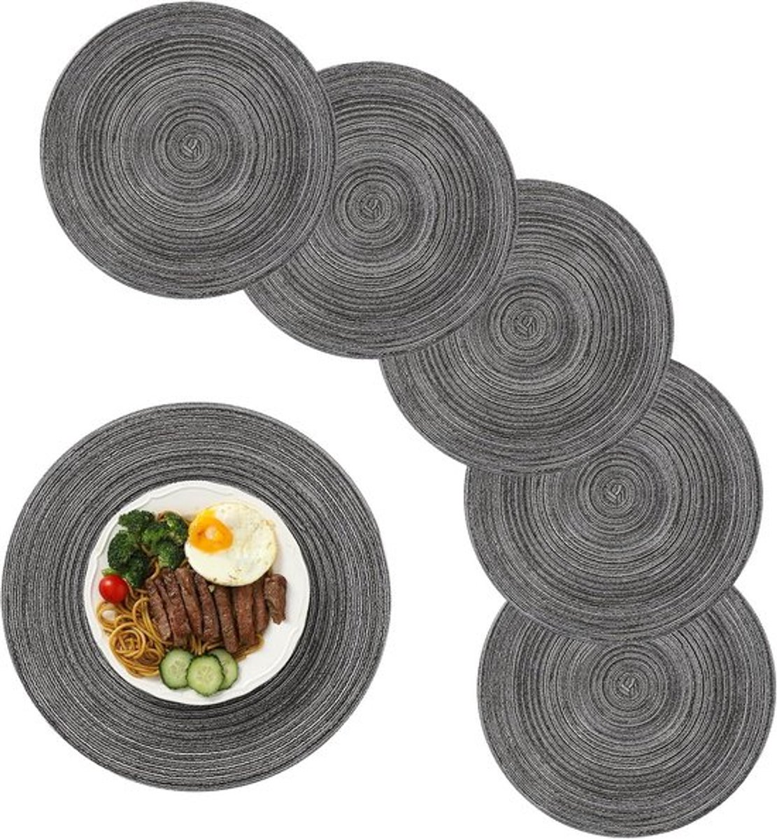 Ronde placemats van 6 cm katoen geweven rotan hittebestendig tafelkleed voor eettafel vakantie Kerstmis keuken tafelmat (donkergrijs)