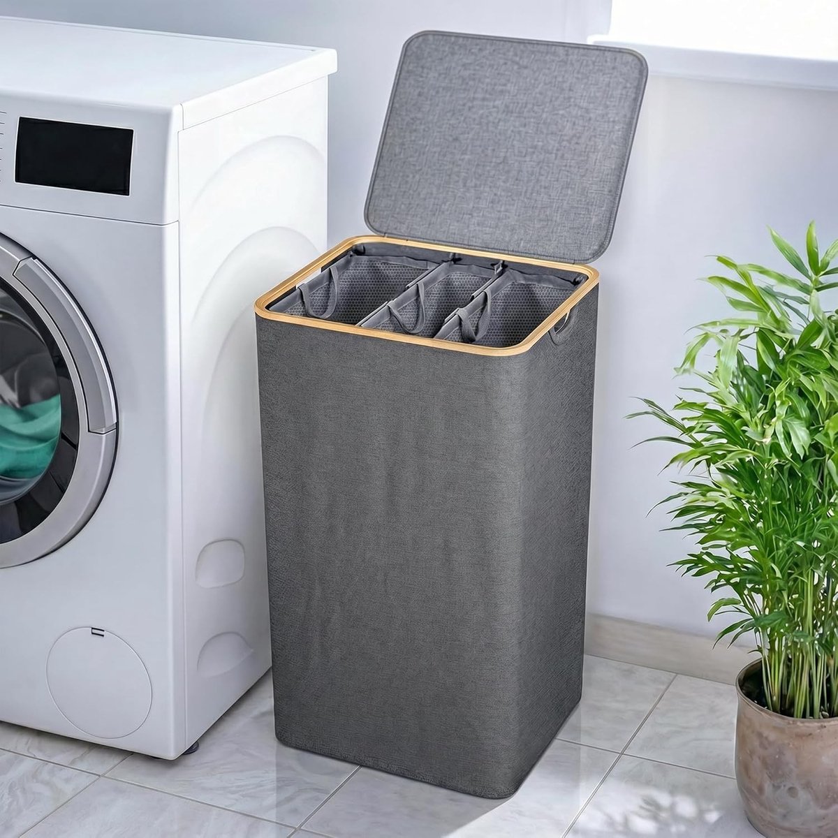 Wasmand met deksel - Grijs - Ruimtebesparend ontwerp - Met uitneembare binnenzakken - Voor kleine woningen