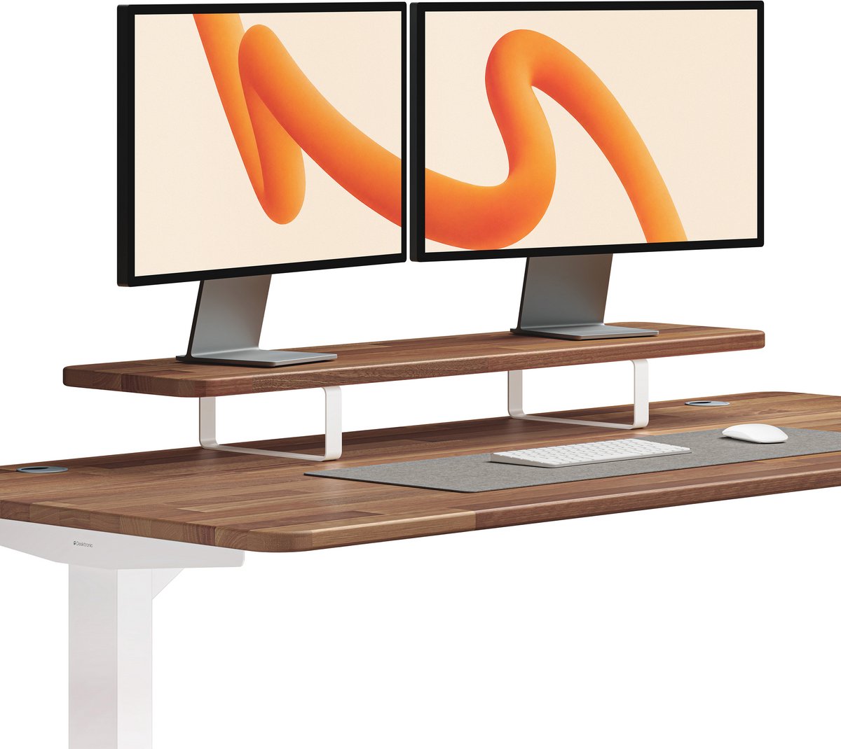 Desktronic Monitorstandaard 2 Schermen Wit/Massief Walnoot - Monitor Verhoger Hout - 114 x 28 cm