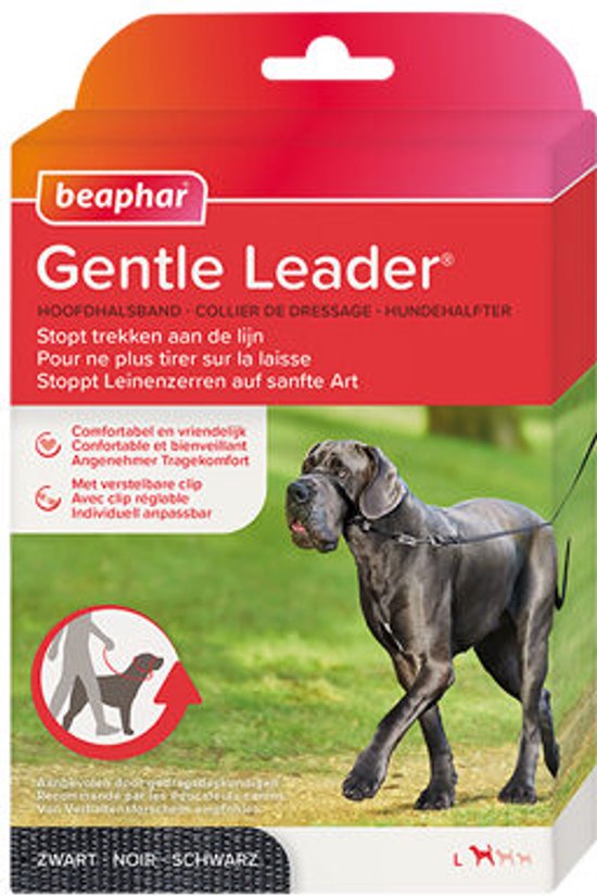 Emballage du Beaphar Gentle Leader avec une image d'un Grand Danois portant une longe de tête noire.