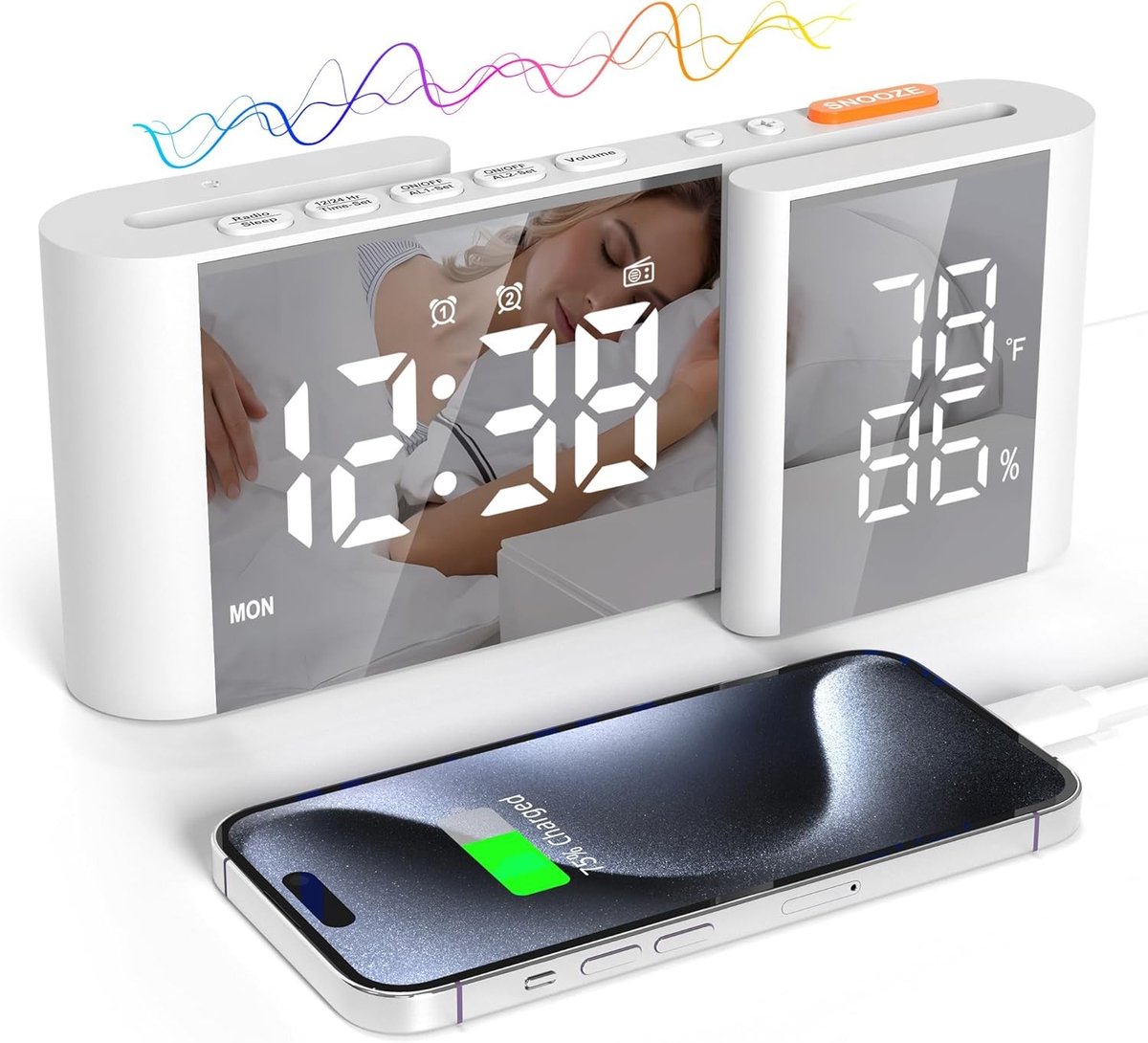 Wekker met FM Radio - Wit - LED Spiegelklok - USB Oplaadpoort - Voor Slaapkamers
