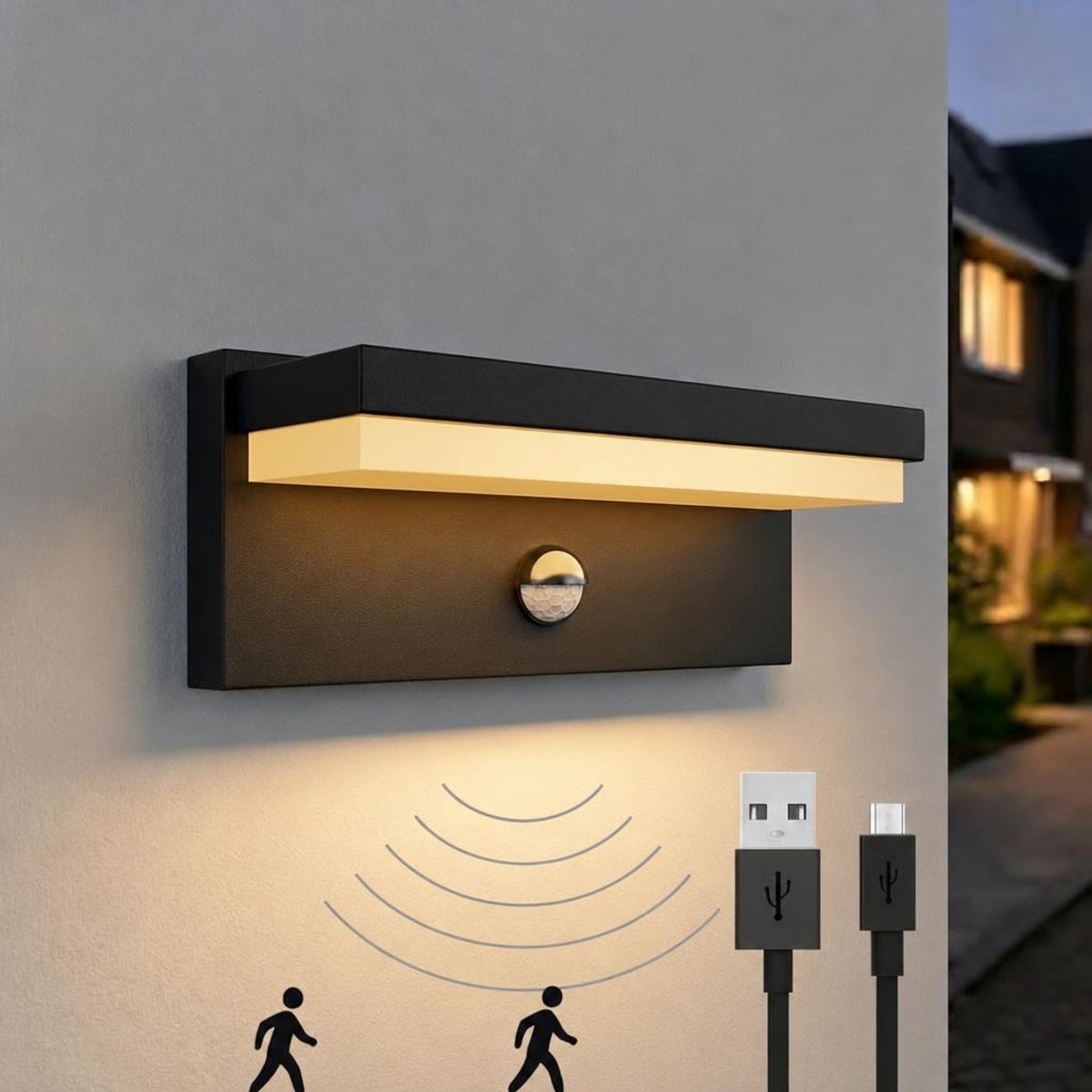 Luminize oplaadbare buitenlamp met bewegingssensor - solar en USB oplaadbaar - draadloos - dag en nachtsensor - zwart