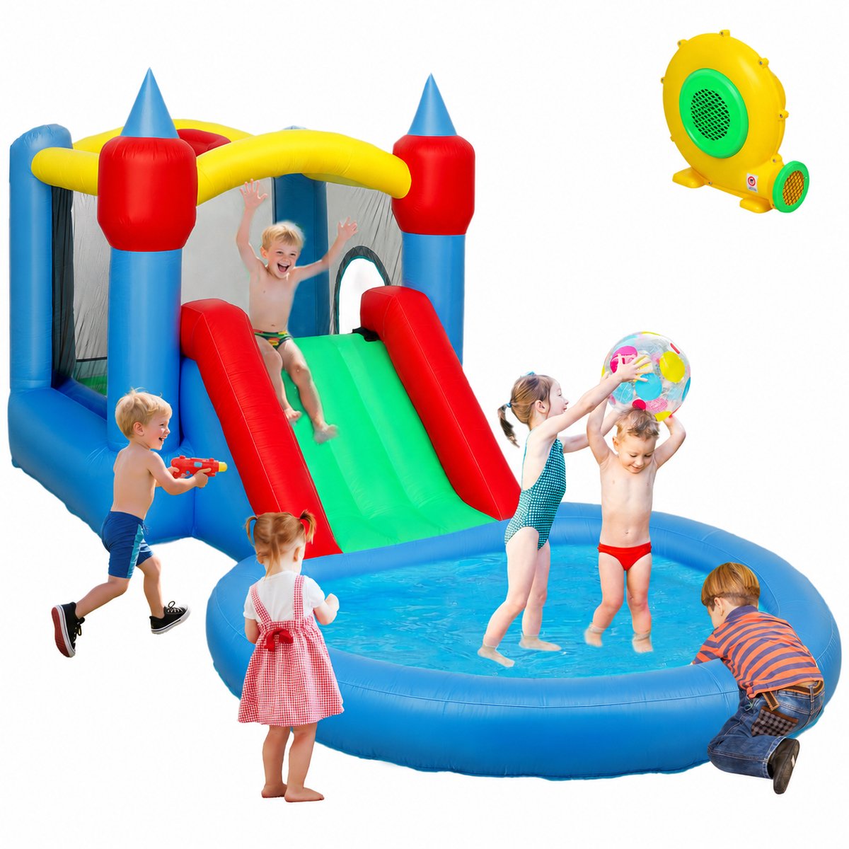 TEKROA® Springkussen Activity 4-in-1 – Met Glijbaan - Inclusief Blower reparatiepatch en opbergtas - 415x205x190cm