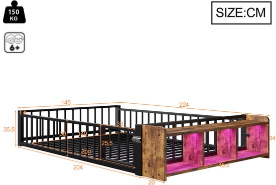 Afmetingstekening van een zwart metalen kinderbed met houten hoofdeinde en roze LED-verlichting, 224x145x35.5cm.