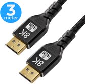 Zwarte 3 meter Displayport kabel met gouden 8K UHD connectoren.