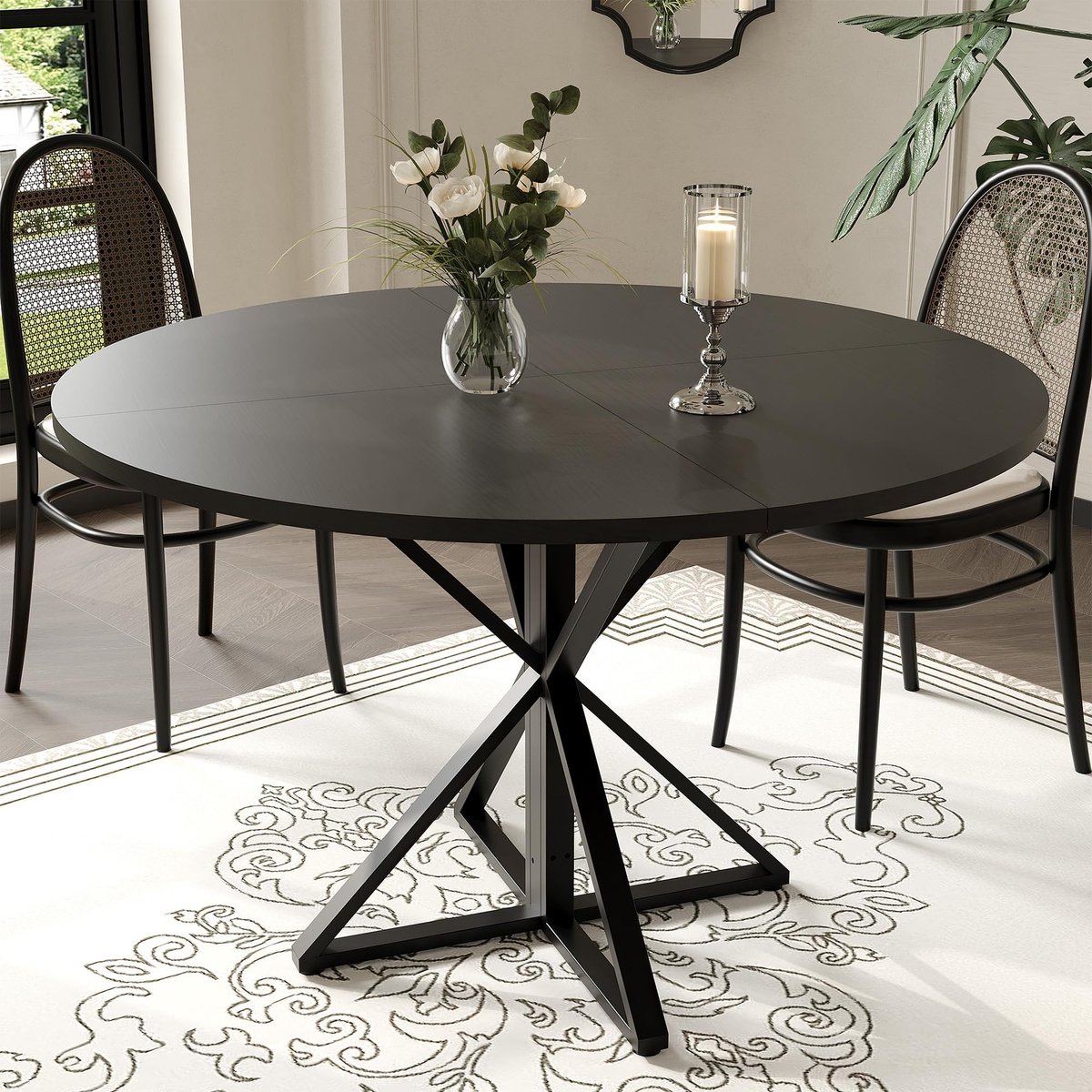 Eettafel Rond voor 4 Personen - 120x120x76cm - Keukentafel met Stevige K-vormige Metalen Poot - Ruimtebesparend - Voor Eetkamer Woonkamer en Appartement - Zwart
