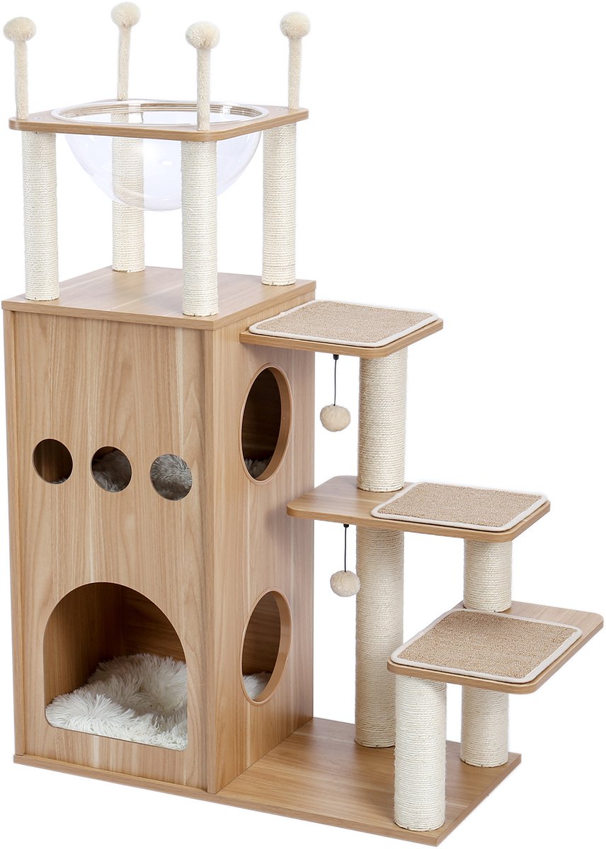 QUESTYR - Krabpaal - 130 CM - Hout Look - Wit - Multi‑Level Toren - Ruime Condo + Hangmat - Voor Grote & Kleine Katten