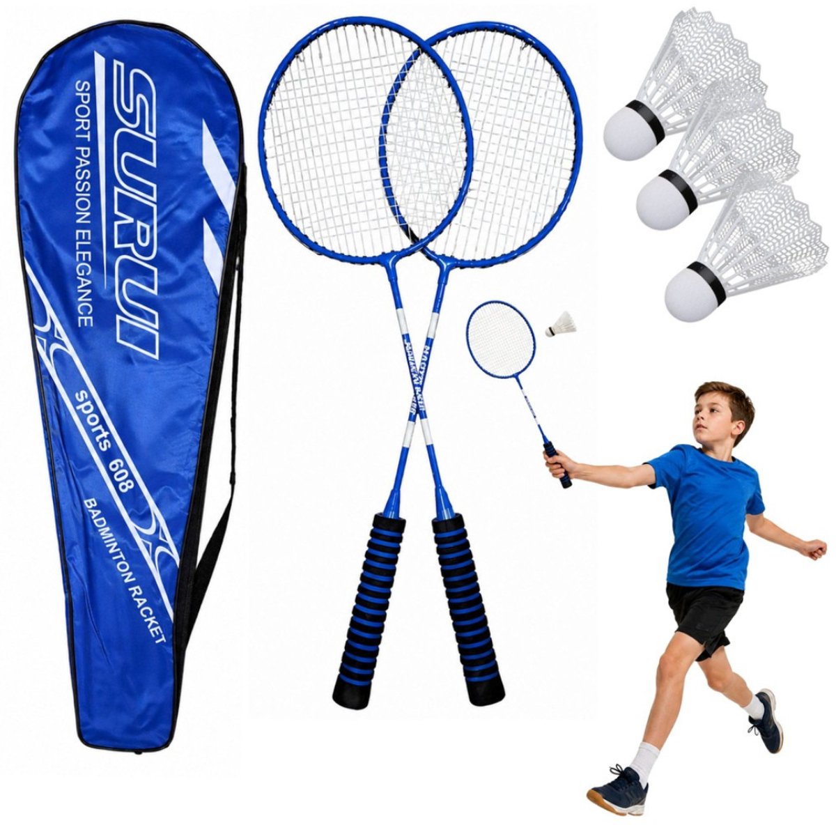 Playos® - Badmintonset - Blauw - 2 Rackets, 3 Shuttles en Opbergtas - Badmintonset - Badminton Rackets - Badminton Set - Recreatief - Kampeer Speelgoed - Camping - Kamperen