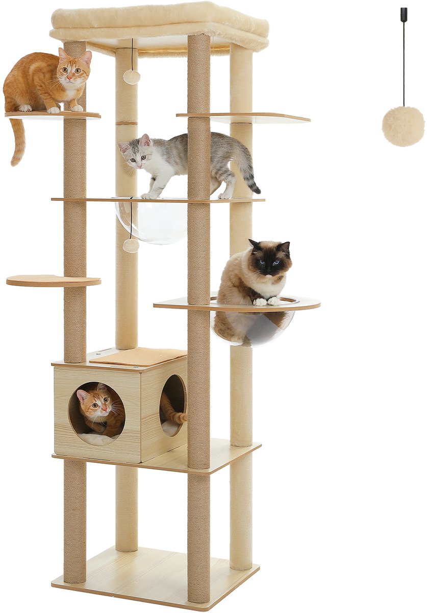 QUESTYR - Krabpaal - 180 CM - Beige - Katten Bed - Kattenmeubilair - Acryl Hangmat + Ruime Condo - Met Speeltjes - hout