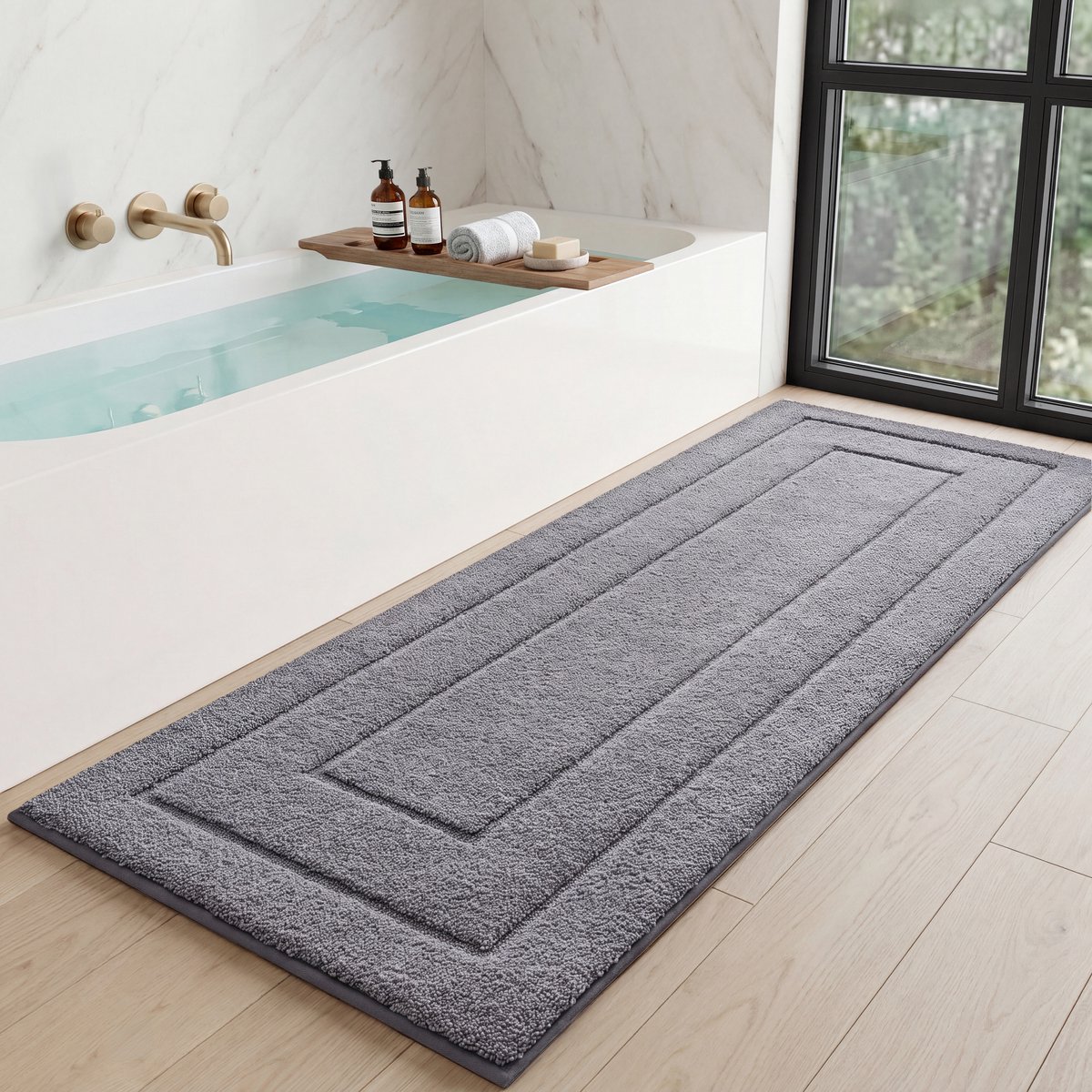 MAESON Badmat 60x150 cm - Antislip & Waterbestendig - Douchemat voor Badkamer - Grijs - Groot - Geschikt voor Douche & Bad