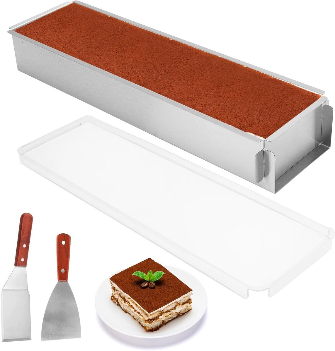 Verstelbare rechthoekige bakvorm van aluminium met acryl deksel en 2 spatels voor taarten, brood en toast bakken, 40 x 10 x 6 cm