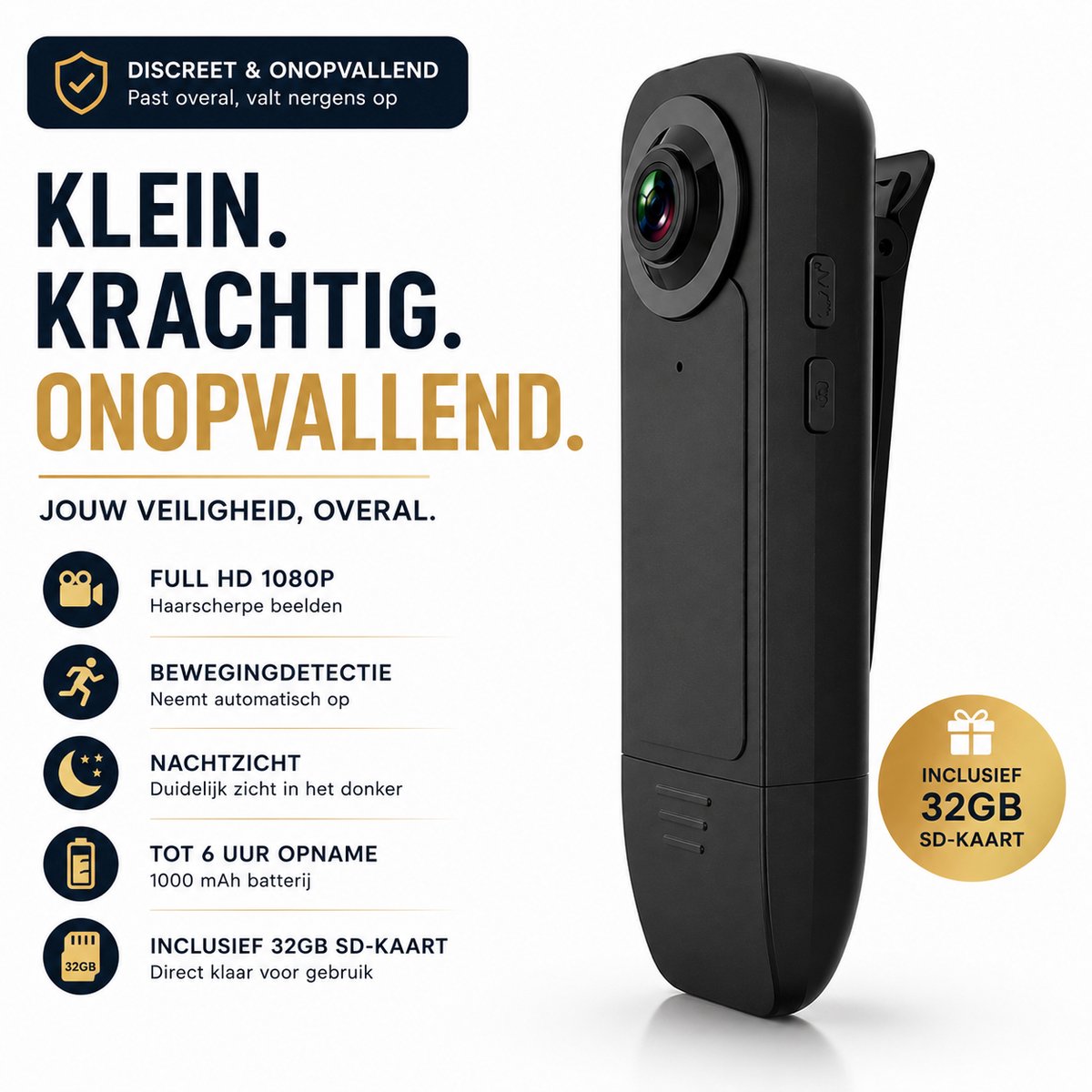 Narvie - Clip Mini Verborgen Camera Incl. 32GB Geheugenkaart -Foto's en video' s- Draagbare Spy Camera - Webcam - Beweging Sensor - Oplaadbaar - Zwart