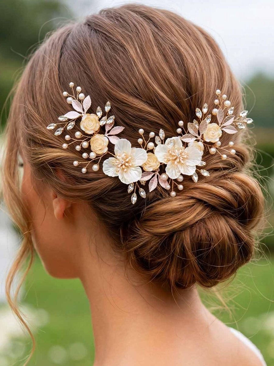 Haarrank voor bruid en bruidsmeisjes, roségouden hoofdtooi met kam, bloemen en haarsieraad voor speciale gelegenheden