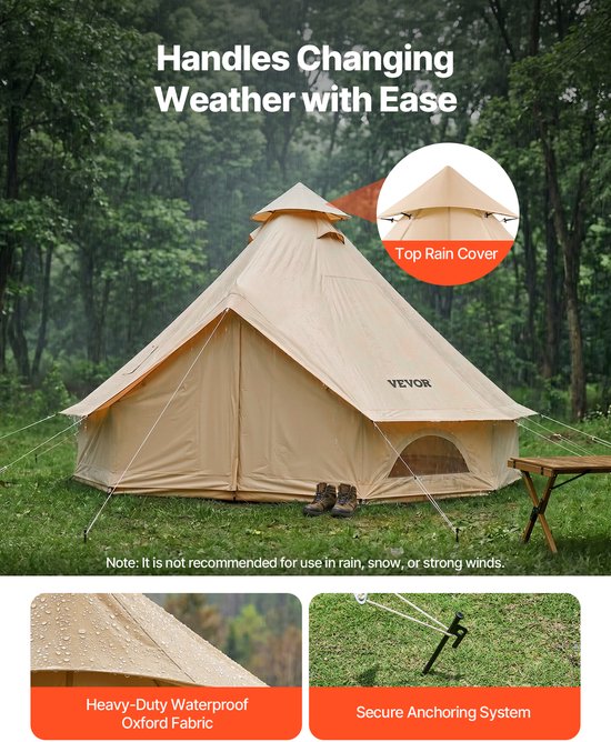 VEVOR Oxford Bell Tent, 4m Yurt, 4 Seizoenen, met Schoorsteenopening, Slaapgelegenheid voor Maximaal 4 Personen, met Uitneembare Vloer (Ritssluiting), Ideaal voor Gezinskamperen en Buitenactiviteiten, Beige van Vevor — afbeelding 4