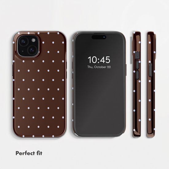 Bruin telefoonhoesje met witte stippen, naast een telefoon en de zijkant ervan.