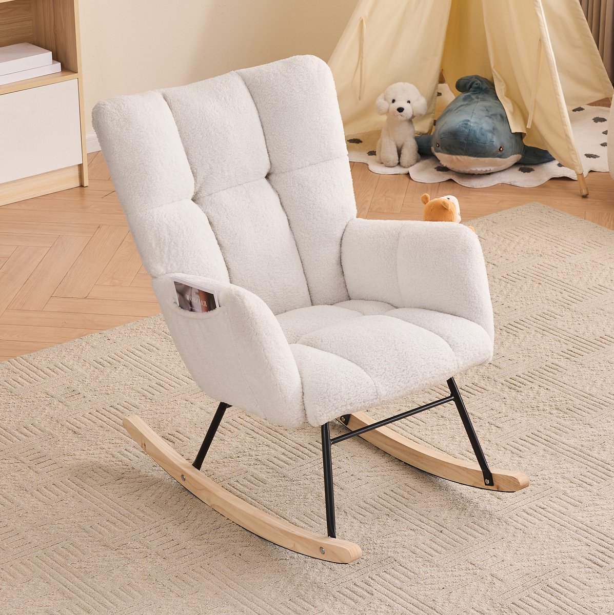 OKWISH Schommelstoel – Teddy Stof 80 x 70 x 95 cm – Gecapitonneerde Hoge Rugleuning Met Armleuningen – Voor Woonkamer Of Slaapkamer – Wit