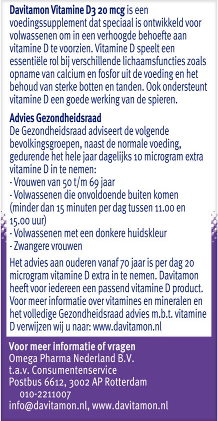 Achterkant Davitamon Vitamine D3 20 mcg verpakking met informatie en advies.