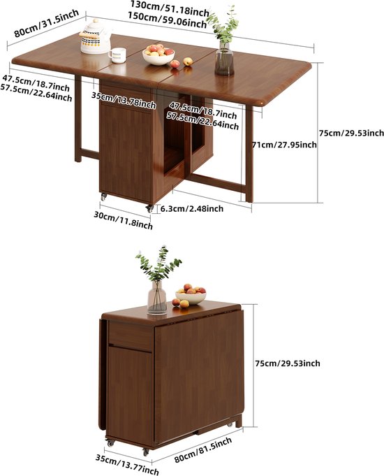 Bruine eettafel met afmetingen aangegeven. In de onderste afbeelding is de tafel ingeklapt tot een kast.