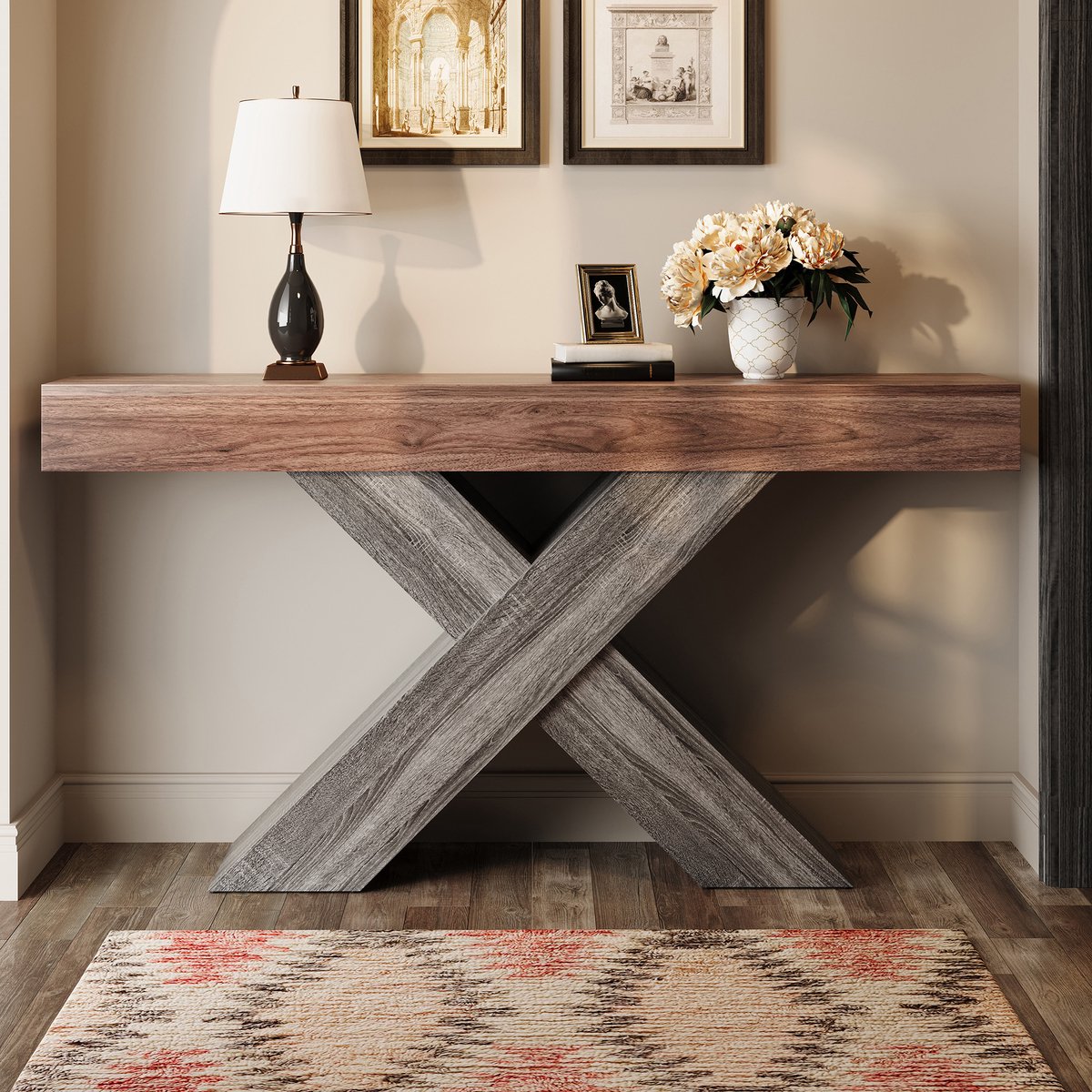 HAUSS SPOLE Consoletafel - Smal Met X-Vormige Steun - Voor Hal En Woonkamer - Spaanplaat - 140x30x80 Cm - Walnoot