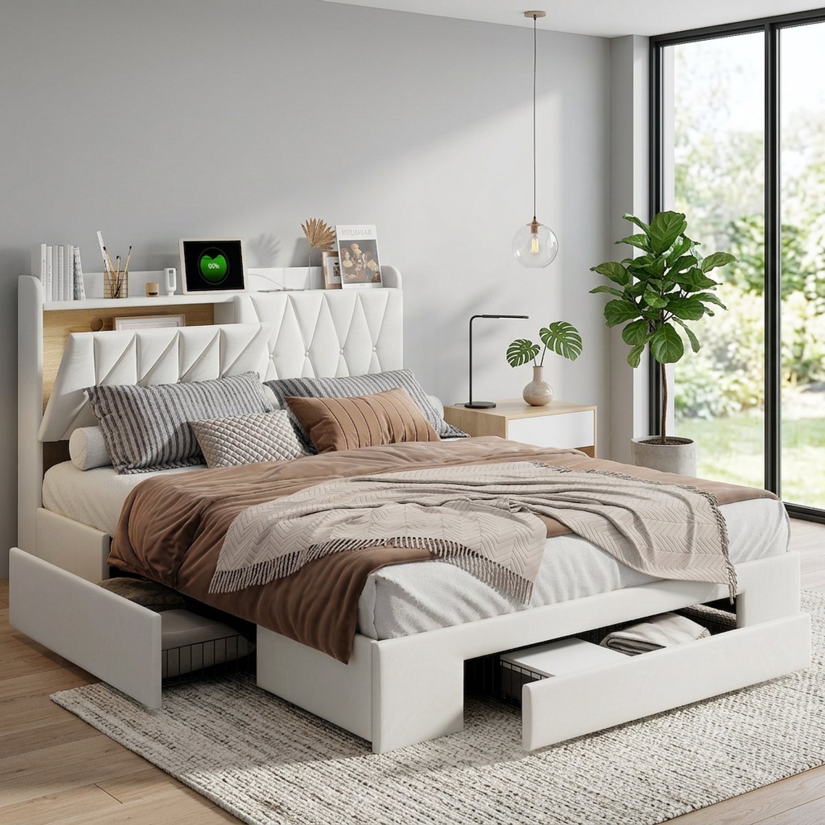 Gestoffeerd Bed 140x200 cm Met LED en USB-Stopcontacten, Tweepersoonsbed Met Opbergruimte en en lattenbodem, Opbergbed met 3 laden, Beige Fluweel, Zonder Matras