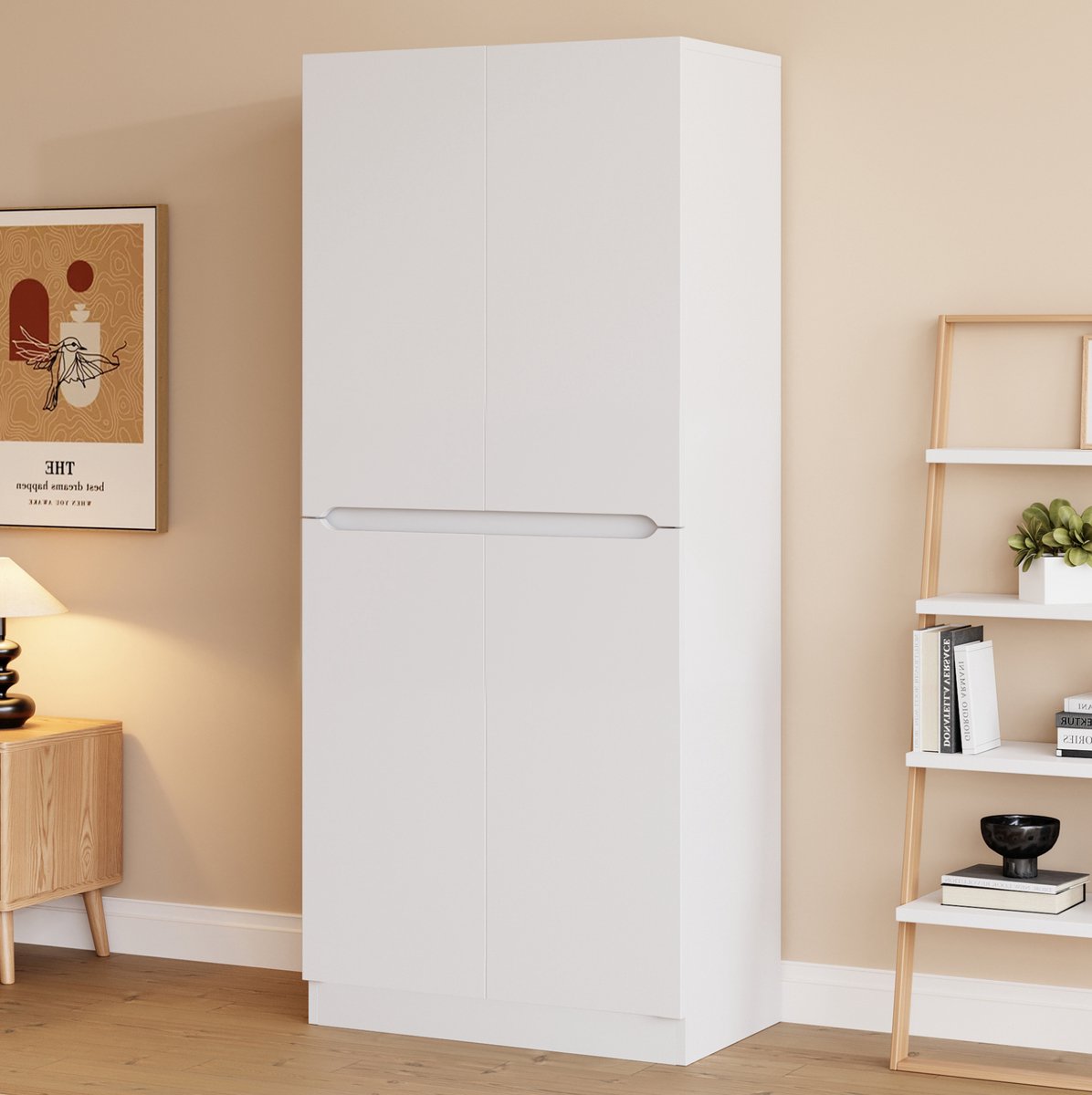 MEUNIQ kledingkast 70 x 40 x 170 cm met dubbele deuren, hanggedeelte, groot opbergvak en zijvakken, witte kast voor slaapkamer met gesloten opbergruimte