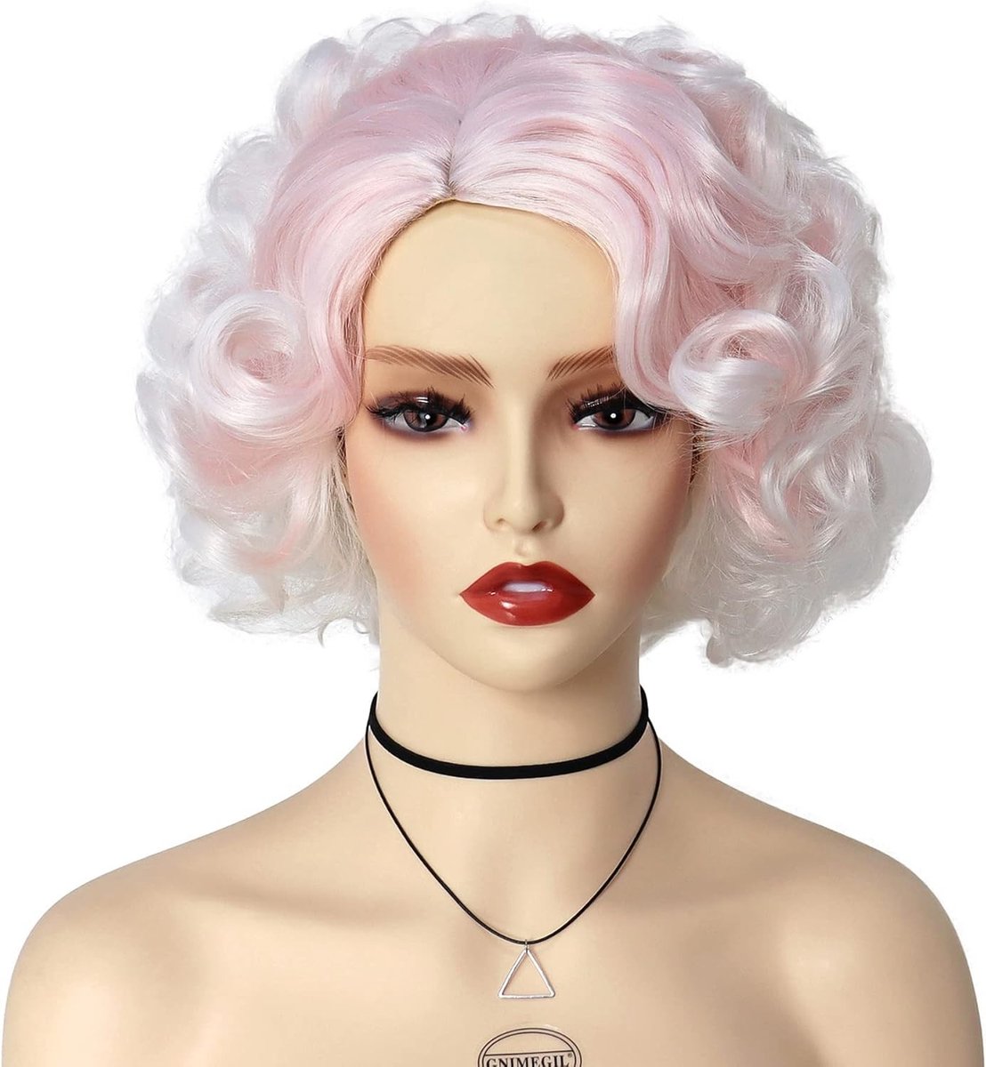 Lichtroze Korte Krullende Haarperruque voor Vrouwen, Witte Ombre Look, Geschikt voor Cosplay, Feest en Halloween Kostuum met Gelaagde Golven