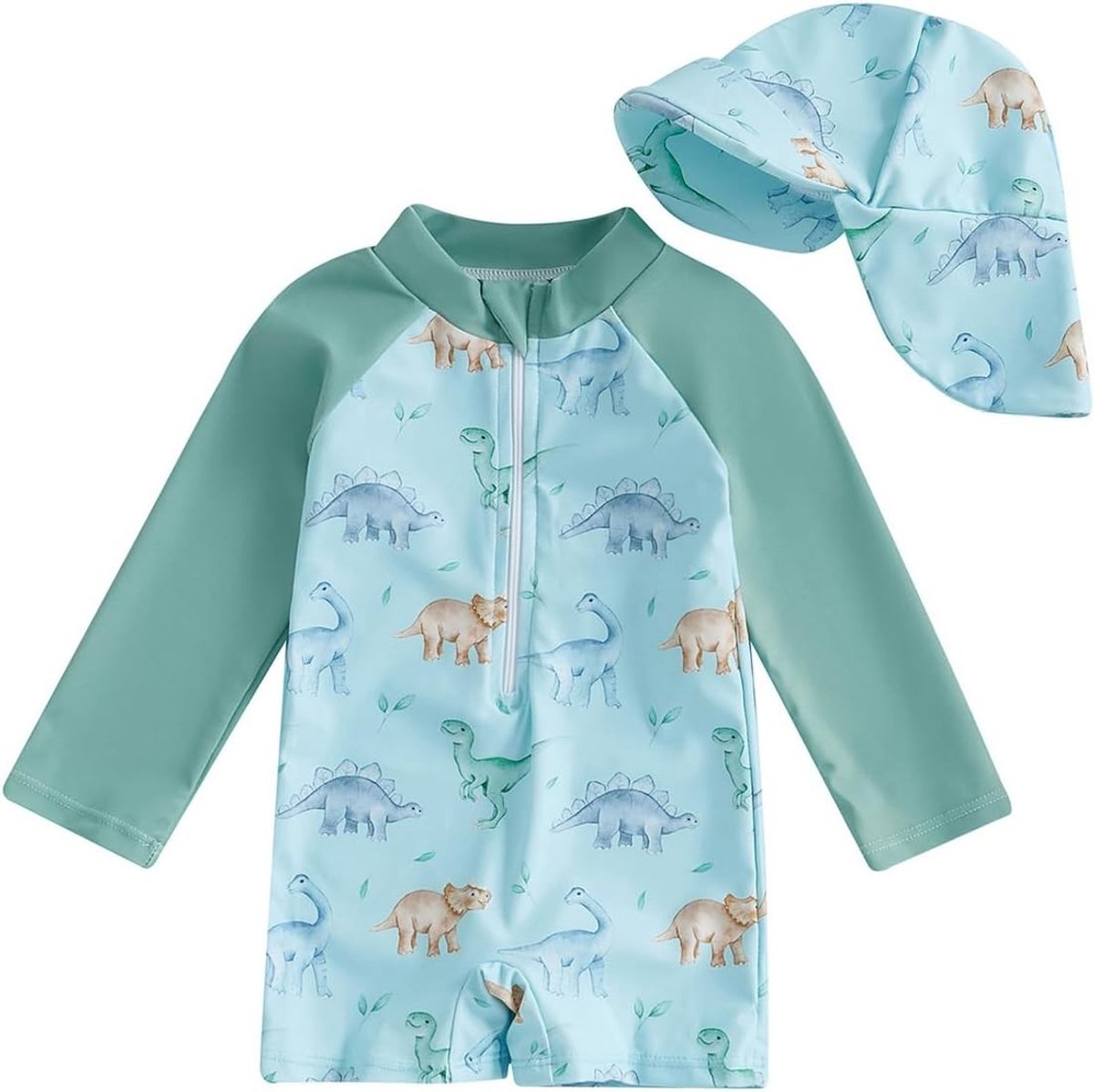 Lange Mouwen Baby Jongens Badpak met Zonnehoed, UV Bescherming en Zip Sluiting voor het Strand