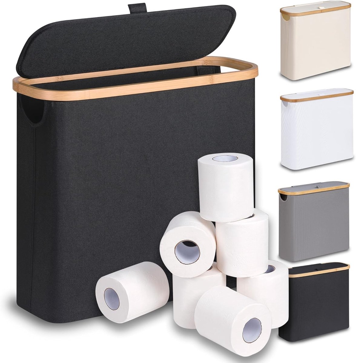 Toiletpapieropslagmand met deksel van bamboe, badkamer organizer voor 9-12 rollen, ruimtebesparende oplossing voor toiletruimte en efficiënt papierbeheer
