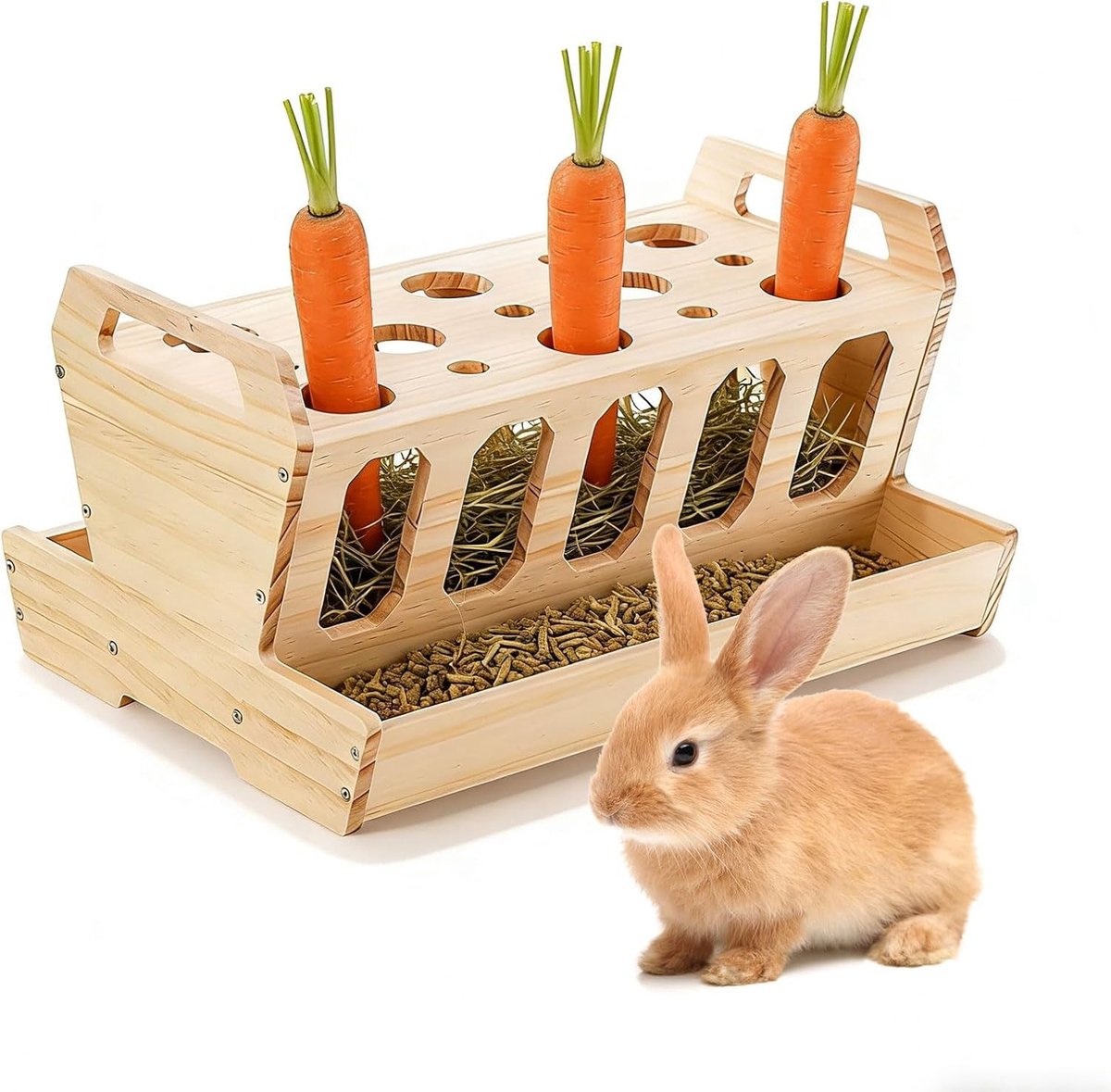 Houten Hooi Rack voor Konijnen – Grote Voederbak met Wortelhouder, Natuurlijk Afgewerkt, 30 × 22 × 18 cm, Zelfvoedering voor Konijnen, Cavia's en Kleine Dieren
