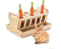 Houten Hooi Rack voor Konijnen – Grote Voederbak met Wortelhouder, Natuurlijk Afgewerkt, 30 × 22 × 18 cm, Zelfvoedering voor Konijnen, Cavia's en Kleine Dieren