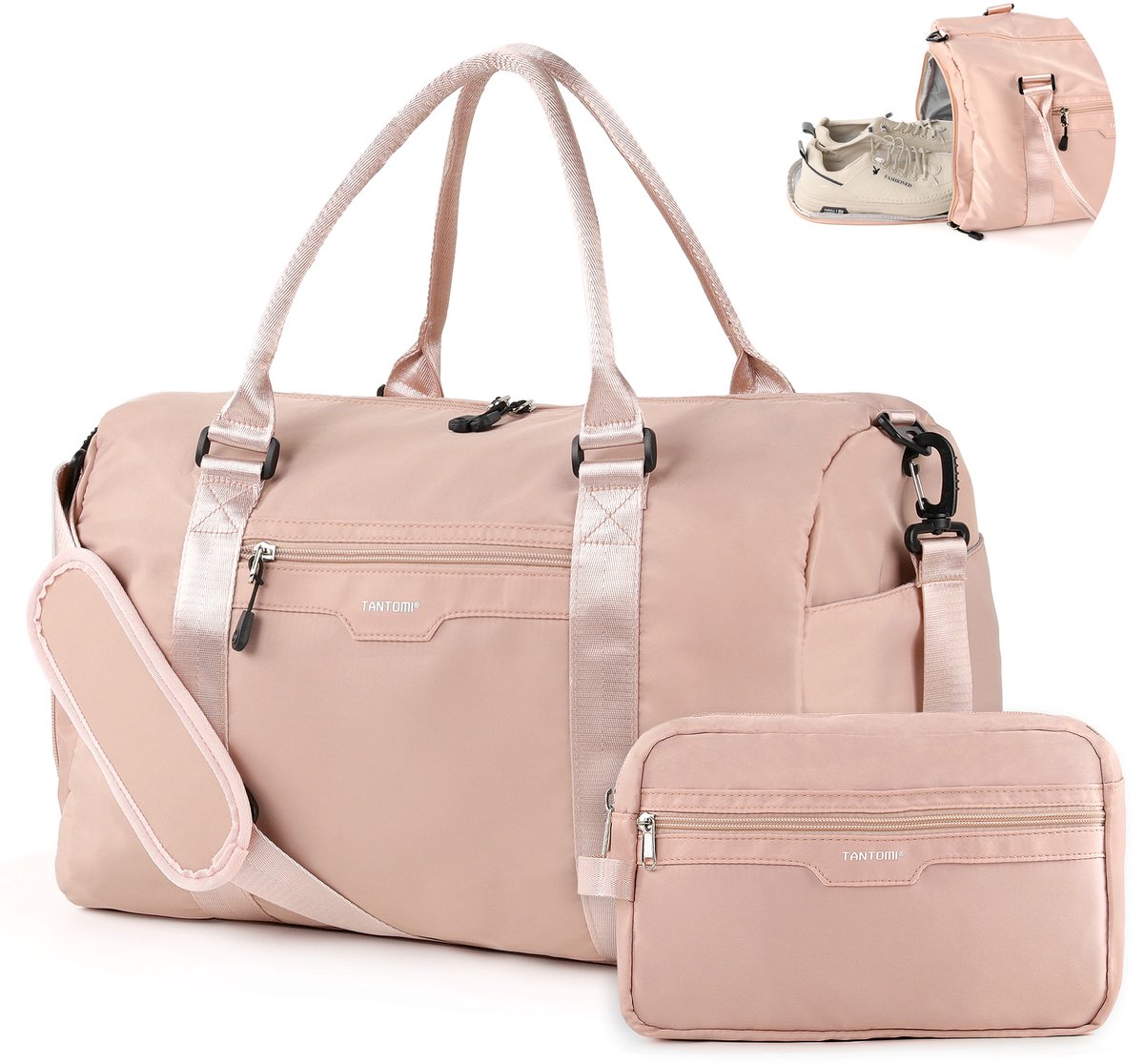 TANTOMI - Reistas - 44.5 x20 x28cm - waterdicht - met schoenenvak en nat vak - voor dames en heren - Handbagage tas - Inclusief Toilettas - Weekendtas - sporttas - voor reizen, sport, fitness - Roze