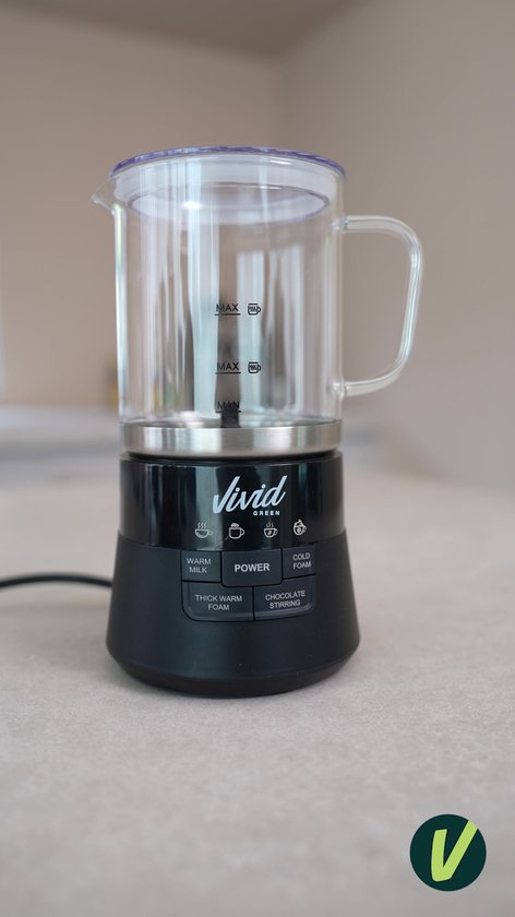 Vivid Green Glazen Melkopschuimer - Vaatwasserbestendig - PFAS-vrij - Uitneembare Glazen Kan - Inductie - 400 ml - Elektrisch - Warm & Koud Schuim en Chocolademelk