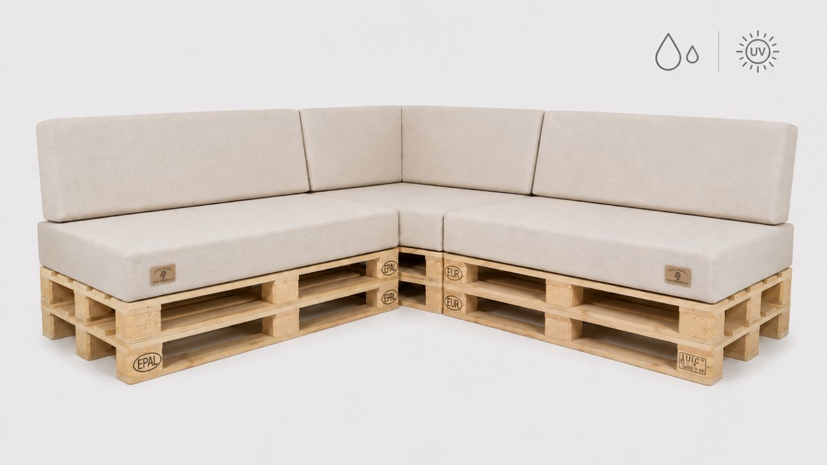 Palletkussenset Hoekbank 3-delig 120x80 cm + 40x120 cm – UV-bestendige Tuinkussens voor Palletbank met Hoekrugkussen – Linnenlook – Links – Beige