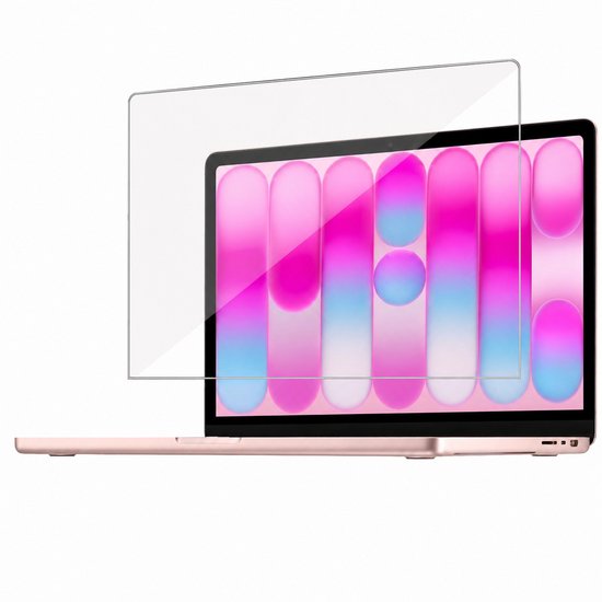 Roze laptop met gehard glas screenprotector die over het scherm ligt. Het scherm toont roze en blauwe bubbels.