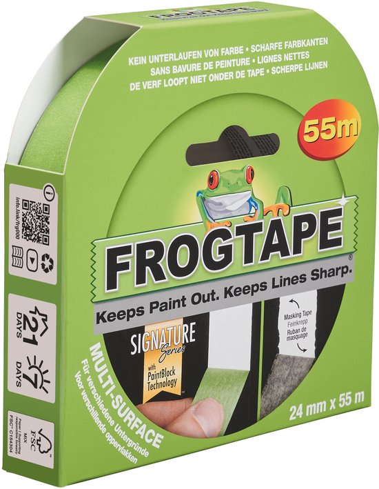 Groene FrogTape schilderstape in groene dispenser met rode kikker logo. 55m.