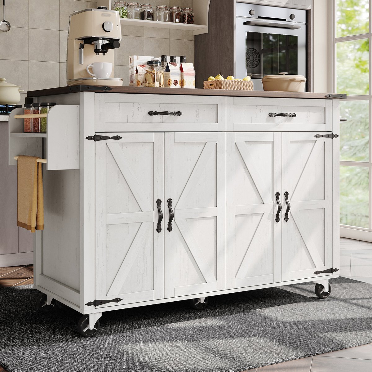 MEUNIQ Keukeneiland op wielen 140 x 45 x 93 cm met uitklapbaar werkblad, 2 lades, opbergkasten, kruidenrek en handdoekhouder voor keuken, wit