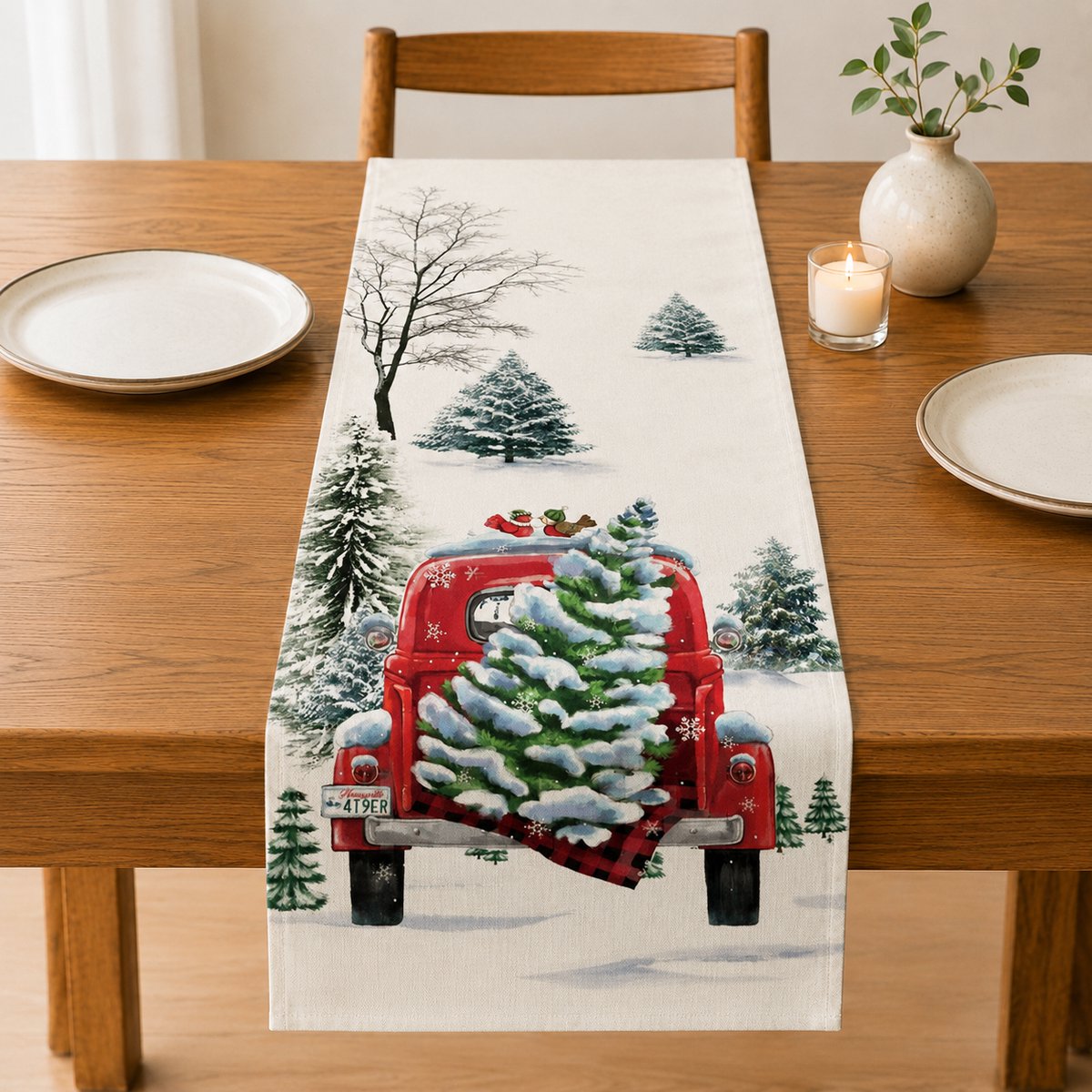Blazelife Kerstmis Home Bedrukt Velvet textiel Tafelloper - Fluweel - Runner 40*140 -Kersttafelkleed - Kerstsneeuwpop - Kerstauto