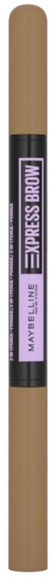 Een gesloten, donkerblonde wenkbrauwstift met de tekst "MAYBELLINE EXPRESS BROW SATIN DUO".