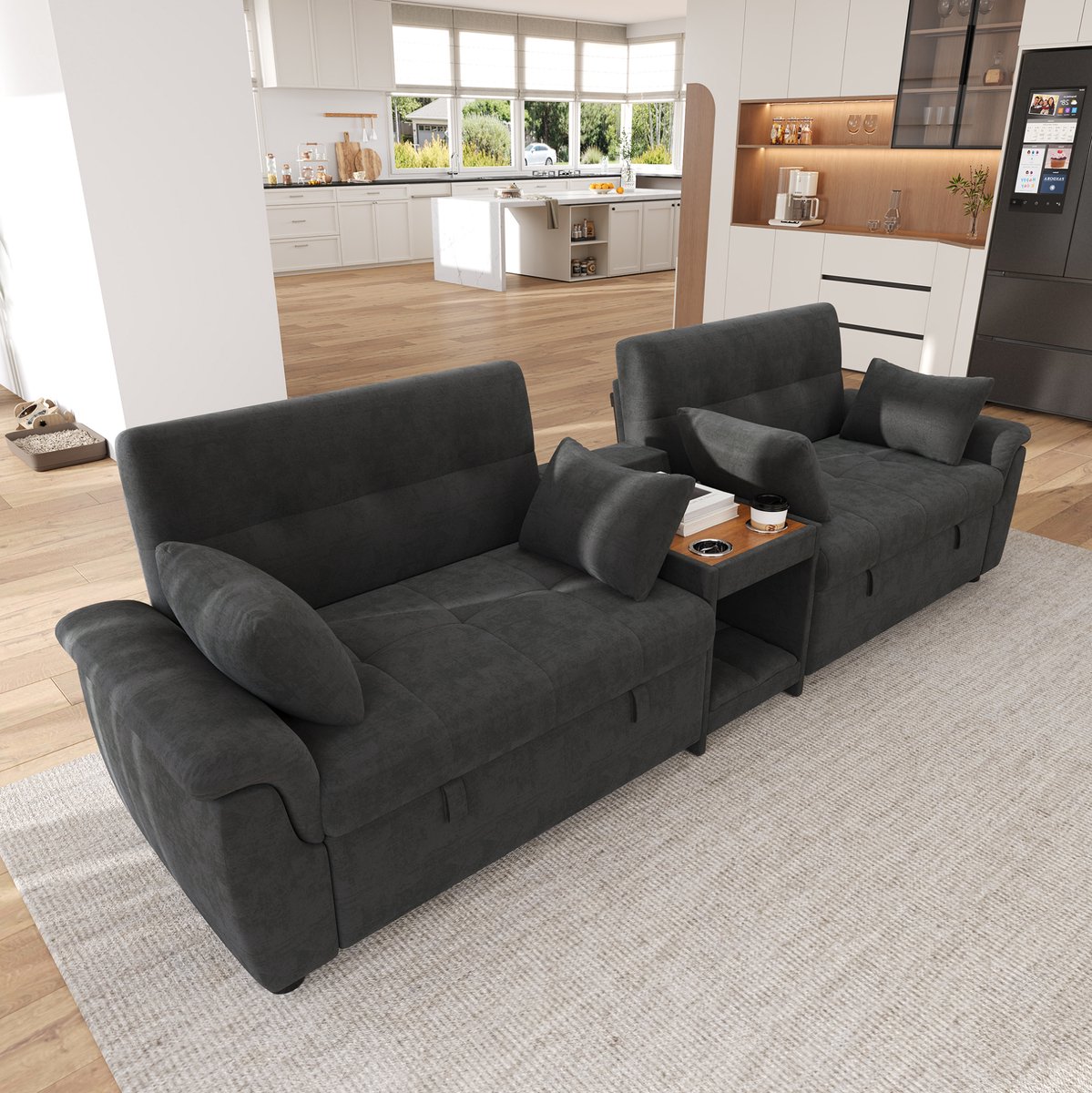 Wishdor - U-bank - uitschuifbare slaapfunctie - verstelbare rugleuning met bekerhouders en huisdierplek - modern - woonkamer - chenille - donkergrijs - 284 x 138 x 89 cm