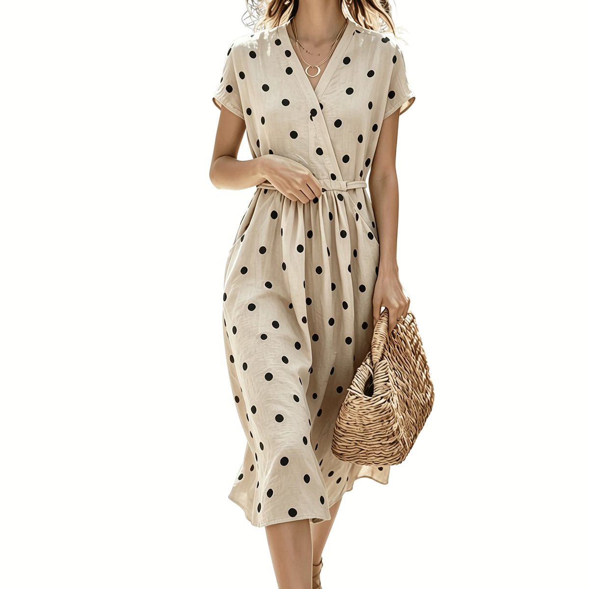 Currero Jurk Met Polkadots Stippen Zomerjurk Dames Zomerjurken Midi Jurk Volwassenen Ibiza Stijl Sundress Dress M Beige