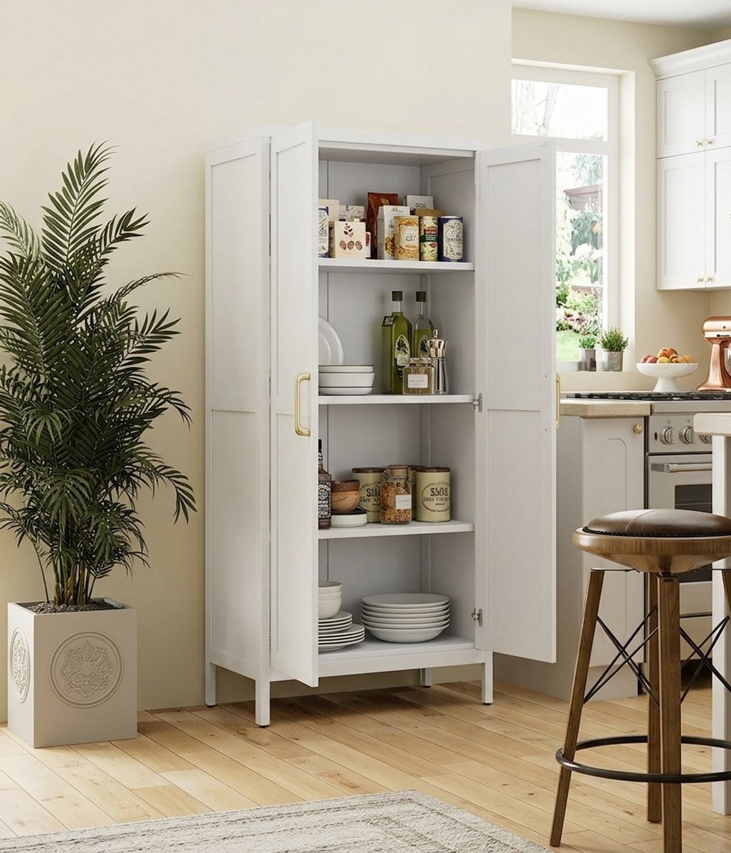 Stalen Metalen Opbergkast Wit 155 cm – Multifunctionele Kantoor- en Keukenkast met 3 Verstelbare Legplanken, 4 Opbergvakken – 70x35x155 cm – novihomestore