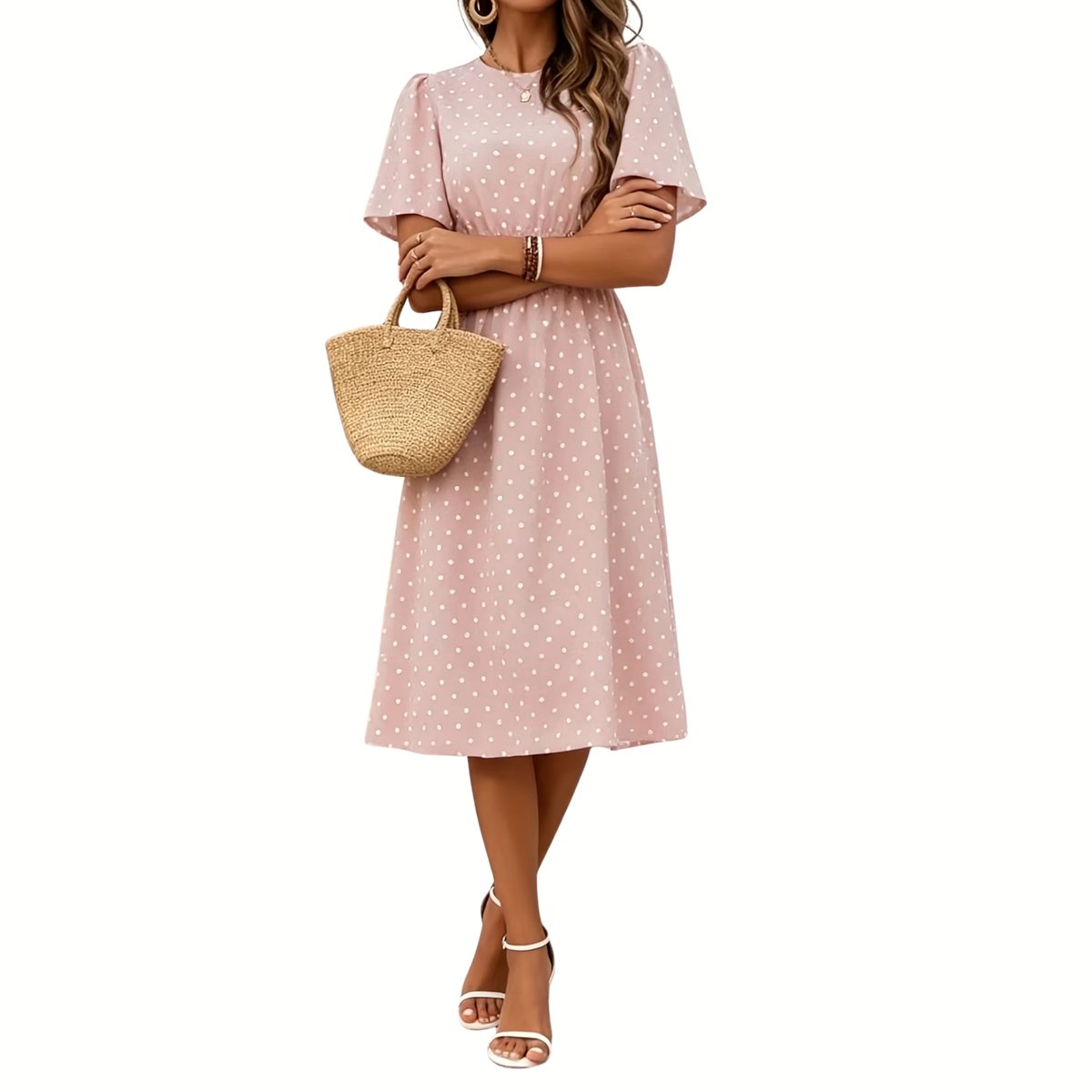 Currero Jurk Met Polkadots Stippen Zomerjurk Dames Zomerjurken Midi Jurk Volwassenen Ibiza Stijl Sundress Dress Lotuskleur L Lotus-kleur