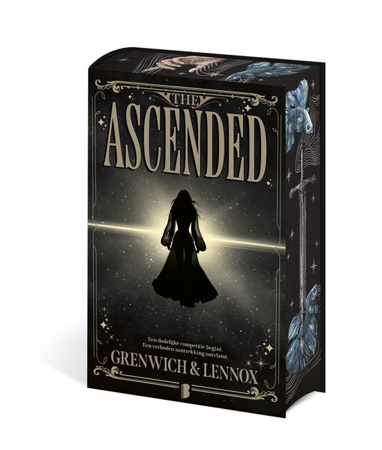 Couverture de livre avec une silhouette de femme en robe longue au centre, entourée d'étoiles, d'une épée et de poissons.