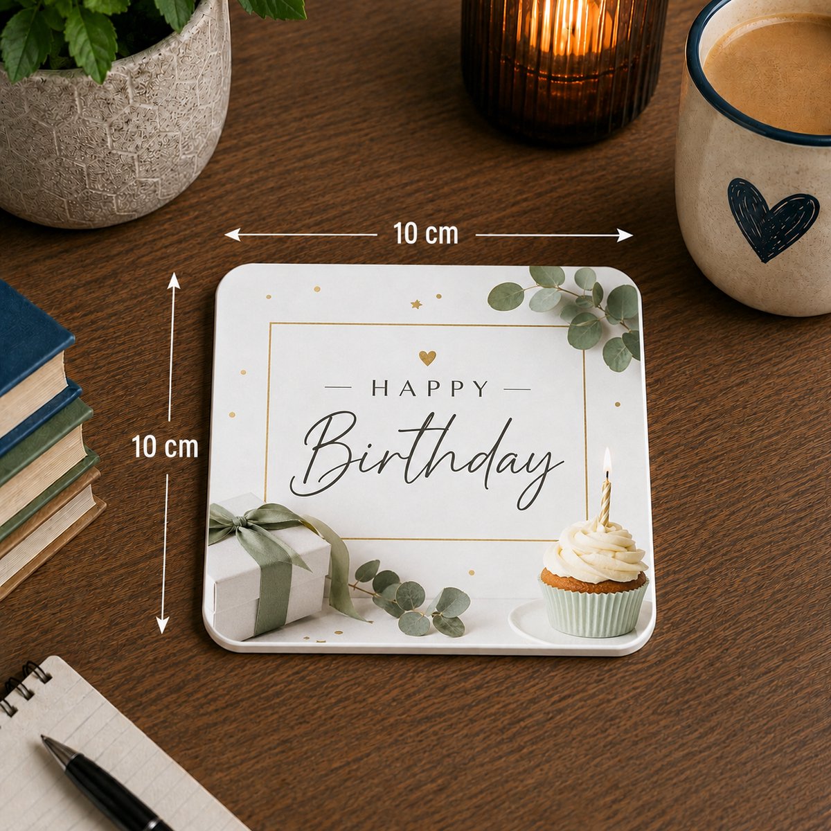 Onderzetter Happy Birthday – 10 x 10 cm – Verjaardag Cadeau – Vierkante Onderzetter met Cupcake