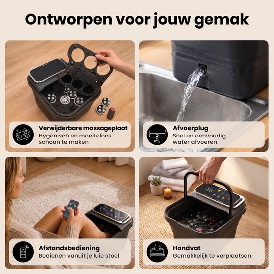 Kenmerken van het voetenbad: verwijderbare massageplaat, afvoerplug, afstandsbediening, handvat.